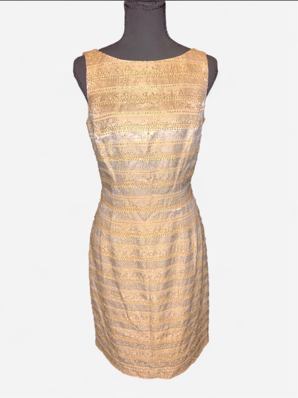 Sleeveless Cream-Gold Lace Mini Dress